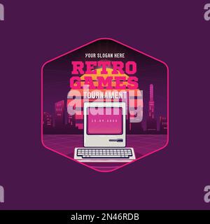 Retro Gaming logo template with vintage PC. Classic Games label. Gamer Expo invitation badge design. Stock vector emblem graphics isolated on violet Stock Vector
