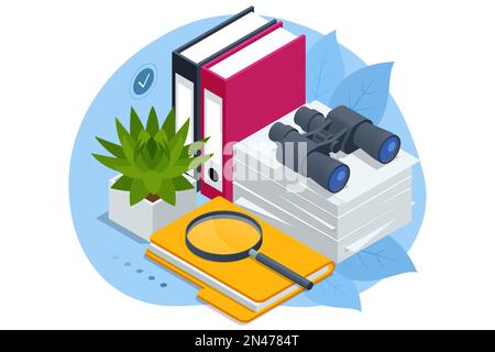Isometric business analysis, analytics, research, strategy statistic, planning, marketing, study of performance indicators. Audit, insurance Stock Vector