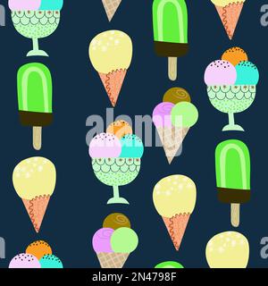 Ice cream pattern with green and yellow popsicles and cones arranged in vertical rows. Vibrant childish cartoon ornament for decoration. Stock Vector