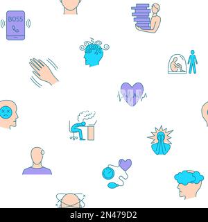 Seamless pattern with stress symptoms and causes in colored line style. Vector illustration. Stock Vector