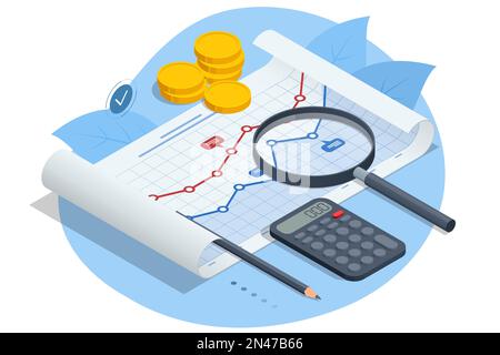 Isometric business analysis, analytics, research, strategy statistic, planning, marketing, study of performance indicators. Audit, insurance Stock Vector
