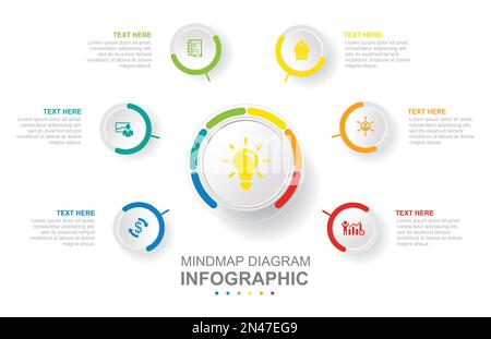 Infographic business template. 6 Steps Modern Mindmap diagram with circle topics. Concept presentation. Stock Vector