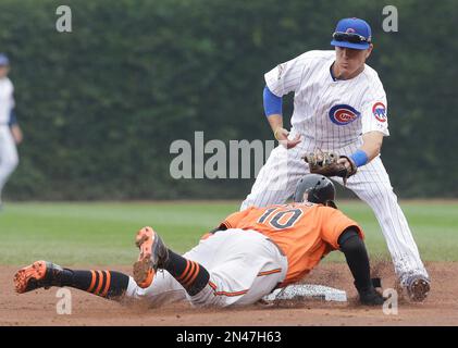 Chicago Cubs second baseman Logan Watkins (45) loses the ball as