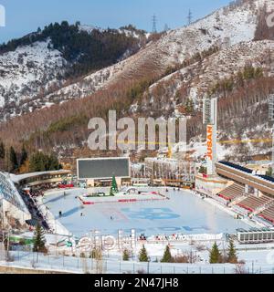 Almaty, Kazakhstan - January 08, 2023: general view of the world's largest high mountain skating rink Medeu Stock Photo