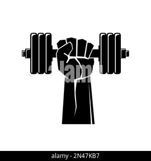 Hand holding dumbbell. Fist with dumbbell. Hand grasping dumbbell. Fitness logo design. Vector illustration. Stock Vector