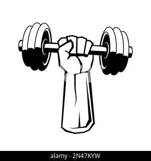 Hand holding dumbbell. Fist with dumbbell. Hand grasping dumbbell. Fitness logo design. Vector illustration. Stock Vector