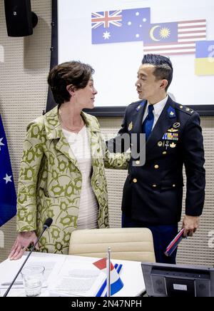 THE HAGUE - Digna van Boetzelaer (Netherlands) and Andy Kraag (Netherlands) after a presentation by the Joint Investigation Team (JIT) of the results of the ongoing investigation into those involved in the downing of flight MH17. It concerns an investigation into the crew of the missile installation that brought down the aircraft and those responsible for the delivery of the weapon system. ANP SEM VAN DER WAL netherlands out - belgium out Stock Photo