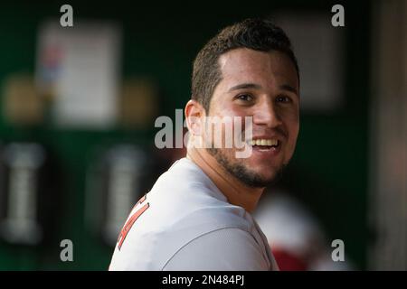 Arizona Diamondbacks' David Peralta smiles from behind the batting cage  during warm ups before of a baseball game against the San Diego Padres in  San Diego, Saturday, May 20, 2017. (AP Photo/Alex