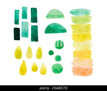 Set of watercolor hand painting elements. Yellow,green, emerald colors. Multicolor stain. Watercolor illustration Stock Photo