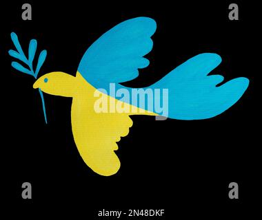 Hand drawn painted dove of peace in yellow and blue. Pray for Ukraine. Peace to Ukraine in the symbolic colors of the blue yellow flag. Black isolated Stock Photo
