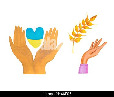Hand drawn painted heart,hands and wheat. Pray for Ukraine. Peace to Ukraine in the symbolic colors of the blue yellow flag. White isolated background Stock Photo