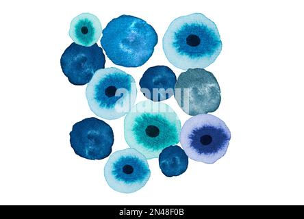 Hand drawn watercolor blue,indigo color abstract figure from circles,spots, isolated on white Stock Photo