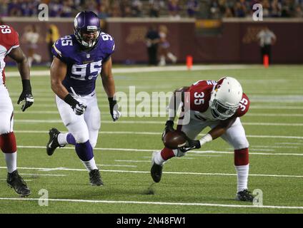 Minnesota Vikings defensive end Scott Crichton (95) during warm-ups prior  to an NFL preseason football game between the Kansas City Chiefs and Minnesota  Vikings in Kansas City, Mo., Saturday, Aug. 23, 2014. (