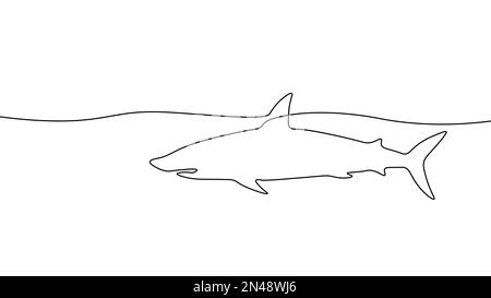 One line continuous shark cyber security symbol concept. Silhouette ocean sea fish aggressive predatory technology icon. Digital white single line Stock Vector