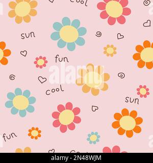 Cute seamless floral pattern in flat style with words. All over print for clothes. Design for kids girls pajamas, t-shirt, pants Stock Vector