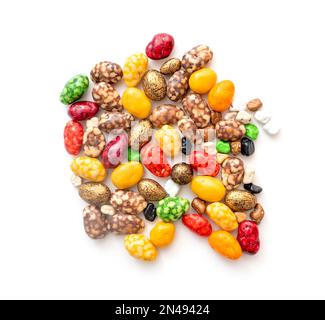 Set of mixed glazed dragee on white background. Colored Turkish delight round candies isolated, top view Stock Photo