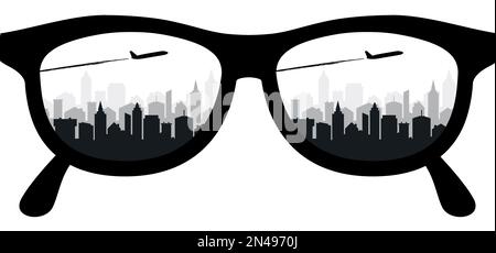 Cartoon glasses or sunglasses, with plane or airplane in lens. Glasses model icon or symbol. Rim glasses spectacles line silhouette, eyeglasses optica Stock Photo
