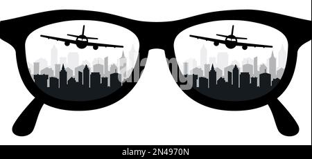 Cartoon glasses or sunglasses, with plane or airplane in lens. Glasses model icon or symbol. Rim glasses spectacles line silhouette, eyeglasses optica Stock Photo
