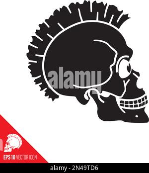 Human skull with mohawk hairstyle and eyes cartoon vector line icon Stock Vector