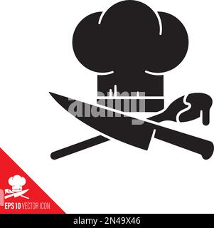 Chef's hat with crossed kitchen knife and cooking spoon vector glyph icon Stock Vector