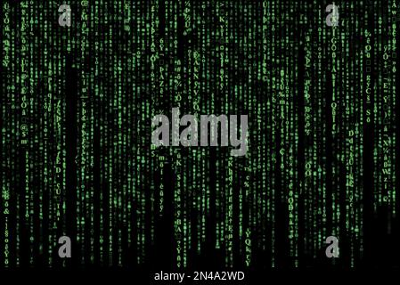 Green matrix of falling random characters, numbers and symbols on black, concept for digital data, programming, cyberspace and hacking, abstract full Stock Photo
