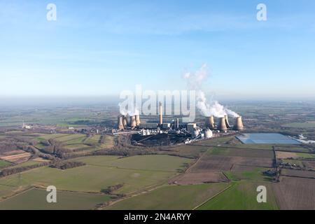 Aerial landscape view of Drax Power Station in North Yorkshire with smoking chimneys and cooling towers pumping CO2 into the atmosphere Stock Photo