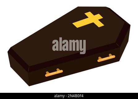 Design in flat style of dark brown coffin decorated with golden cross and handles over white background. Stock Vector