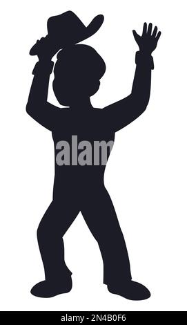 Dark silhouette of man with raised hands and holding him hat, isolated over white background. Stock Vector