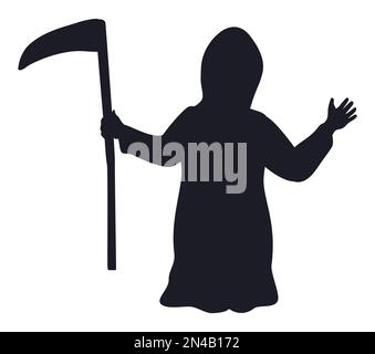 Death character holding a scythe in black silhouette representation over white background. Stock Vector
