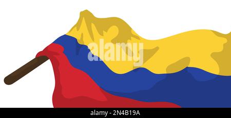 Isolated Colombian flag with its yellow, red and blue colors with short wooden flagpole in cartoon style. Stock Vector