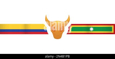 Banner with waving flags of Colombia and Barranquilla and golden Torito mask in the center. Stock Vector