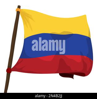 Colombian flag hoisted on wooden flagpole and waving with the wind. Design in cartoon style over white background. Stock Vector