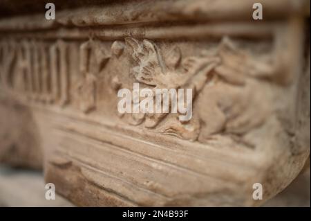 Details on the Tomb of King Ferdinand I (Fernando I) of Portugal (1345-1383). Gothic style sarcophagus. The Carmo Archaeological Museum (MAC), located Stock Photo