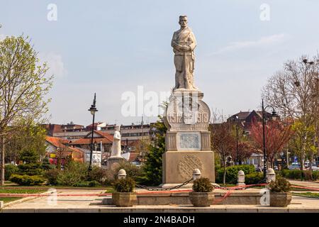 Mladenovac, Serbia - April 13, 2020: Big Statue of Serbian Soldier WWI Memorial in Town Park Spring Day. Stock Photo