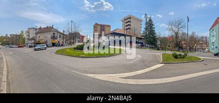 Sopot, Serbia - April 13, 2020: Monument Landmark 3d Letters at Town Square Roundabout at Sunny Spring Day Panorama. Stock Photo