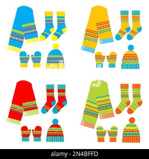 Winter accessory sets with scarf, hat, mittens and socks Stock Vector