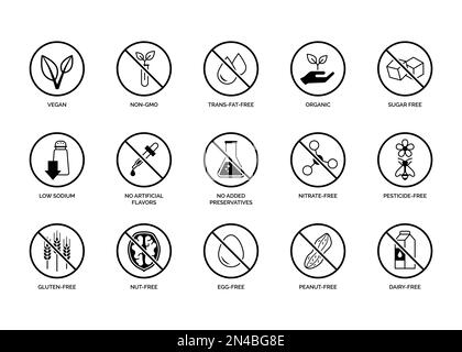 Healthy food and nutrition icons set, food labeling and information Stock Vector