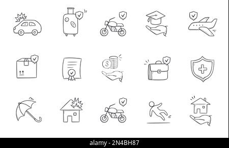 Insurance doodle icon set. Hand drawn sketch life shield, insurance umbrella, medical safety icon set. Health safety, car accident, house protect vector illustration. Stock Vector
