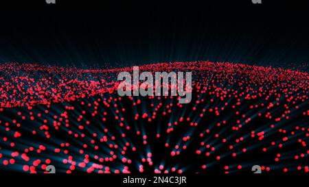 Red glowing particles flying in whirlwind. Red bokeh particle isolated on red background. Particle with depth of field and bokeh in cyber digital tech Stock Photo