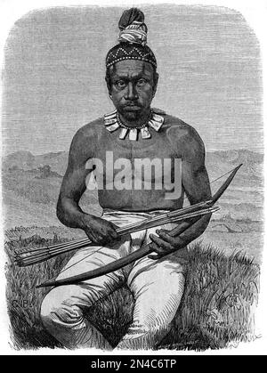 Native American Indian man with a bow and arrow hunting with a boy ...