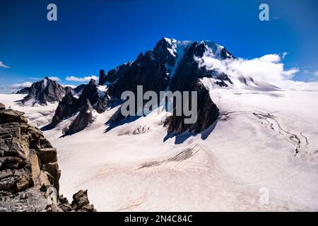 View from Aiguille du Midi of the summits of La Tour Ronde, Mont Blanc du Tacul and the Triangle du Tacul. Stock Photo