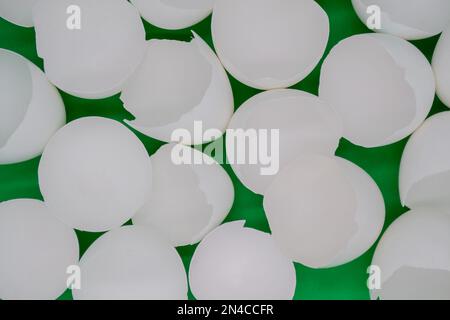 Lots of broken white eggshells on a green background. Copy space. Stock Photo