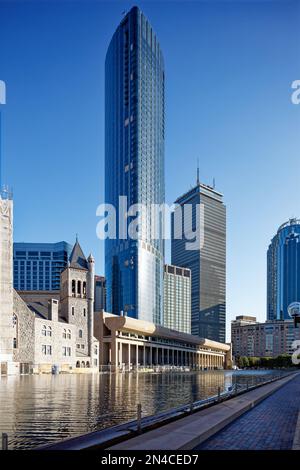 Boston Back Bay: Belvidere/Dalton Towers, One Dalton, is Boston’s third-tallest building. The blue glass tower contains a hotel and condo apartments. Stock Photo