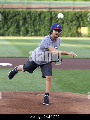 Singer Eddie Vedder throws out the first pitch prior to the Cubs vs.  Washington Nationals game at Wrigley Field, on Saturday, August 23, 2008,  in Chicago, Illinois. The Cubs beat the Nationals