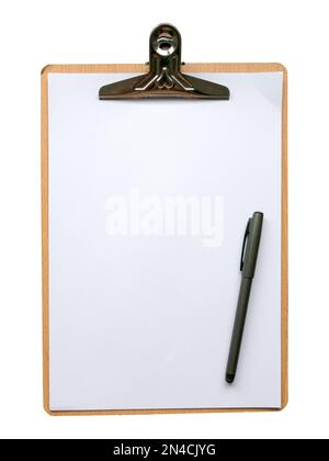 A pen, clipboard and paper isolated on white background. Stock Photo