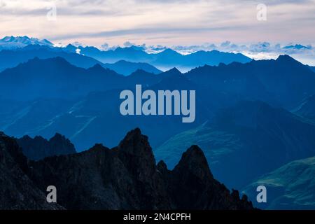 View from Pointe Helbronner to the peaks south of the Mont Blanc massif, Grand Paradiso standing out far left. Stock Photo