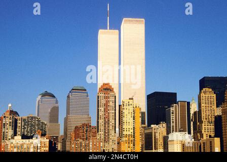 World Trade Center or Twin Towers before 9/11. New York City downtown buildings on Lower Manhattan skyline before September 2001 attack 1970's Stock Photo