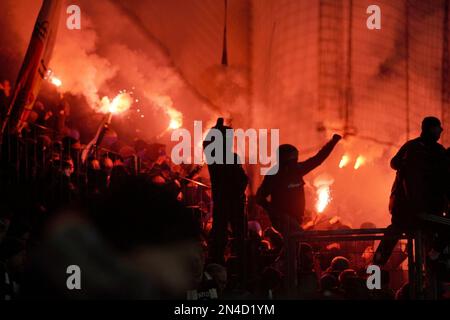 February 8th, 2023, Deutsche Bank Park, Frankfurt, GER, DFB Cup, Eintracht Frankfurt vs Darmstadt 98, in the picture pyrotechnics in the Darmstadt fan block. Stock Photo