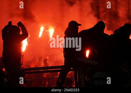 February 8th, 2023, Deutsche Bank Park, Frankfurt, GER, DFB Cup, Eintracht Frankfurt vs Darmstadt 98, in the picture pyrotechnics in the Darmstadt fan block. Stock Photo