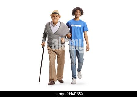 Full length portrait of an american african young male volunteer helping an elderly man isolated on white background Stock Photo